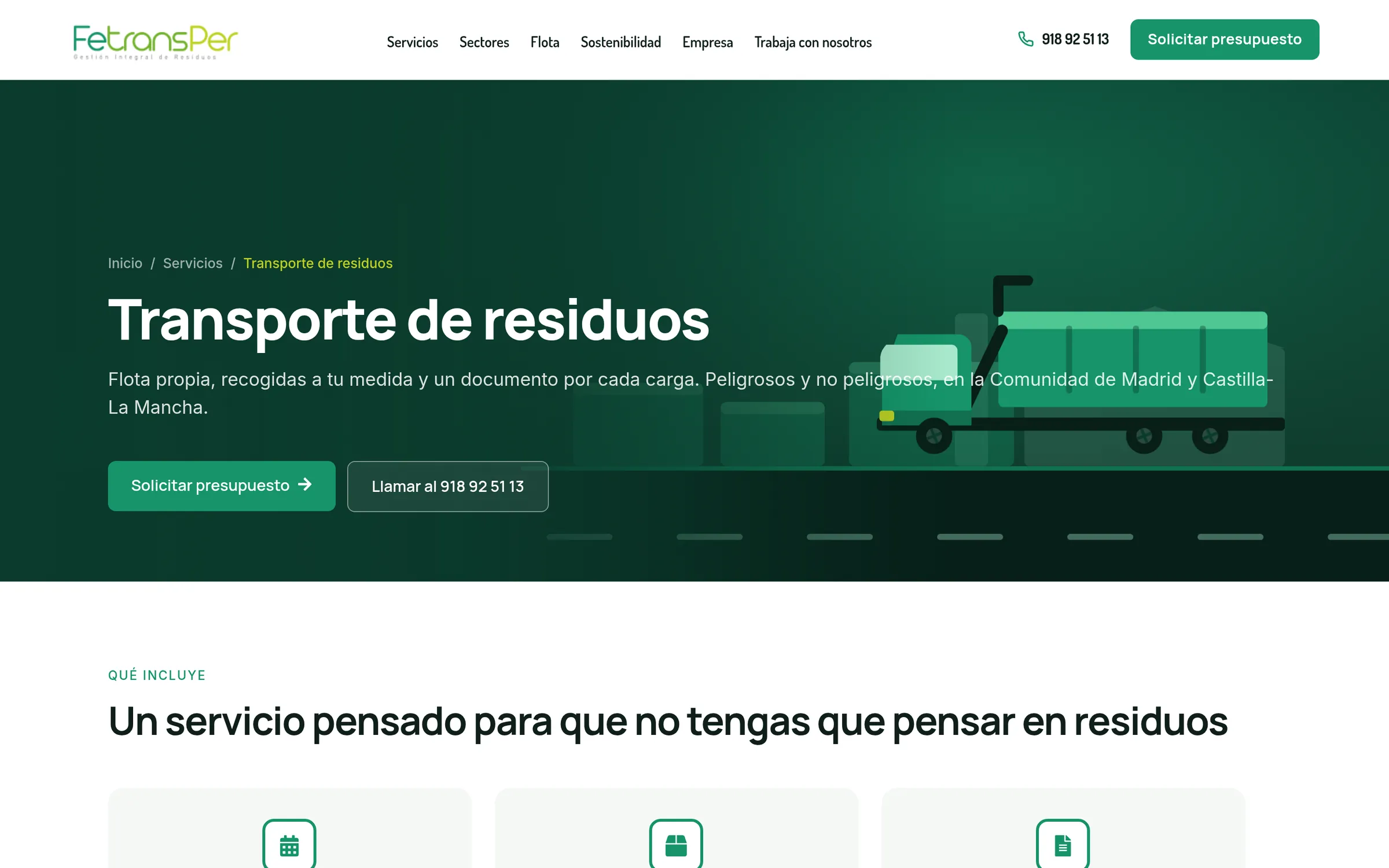 Waste transport service page with the illustrated fleet