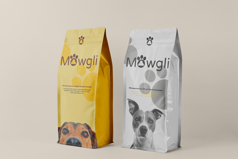 Mowgli packaging — two premium dog food bags