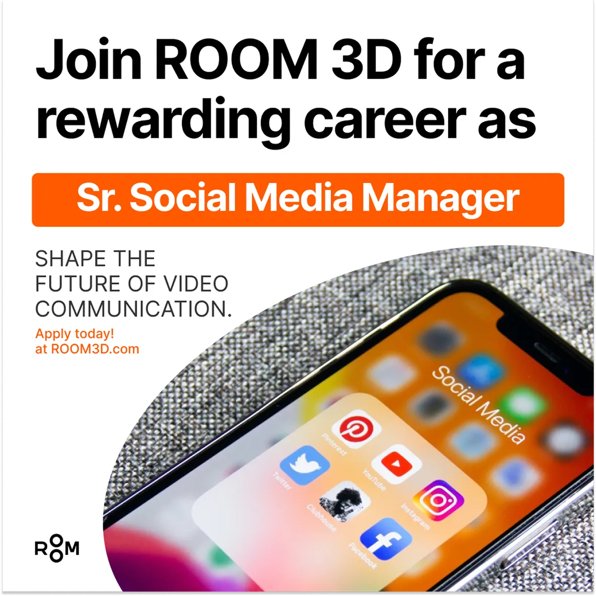Instagram de ROOM 3D, oferta de empleo en versión clara